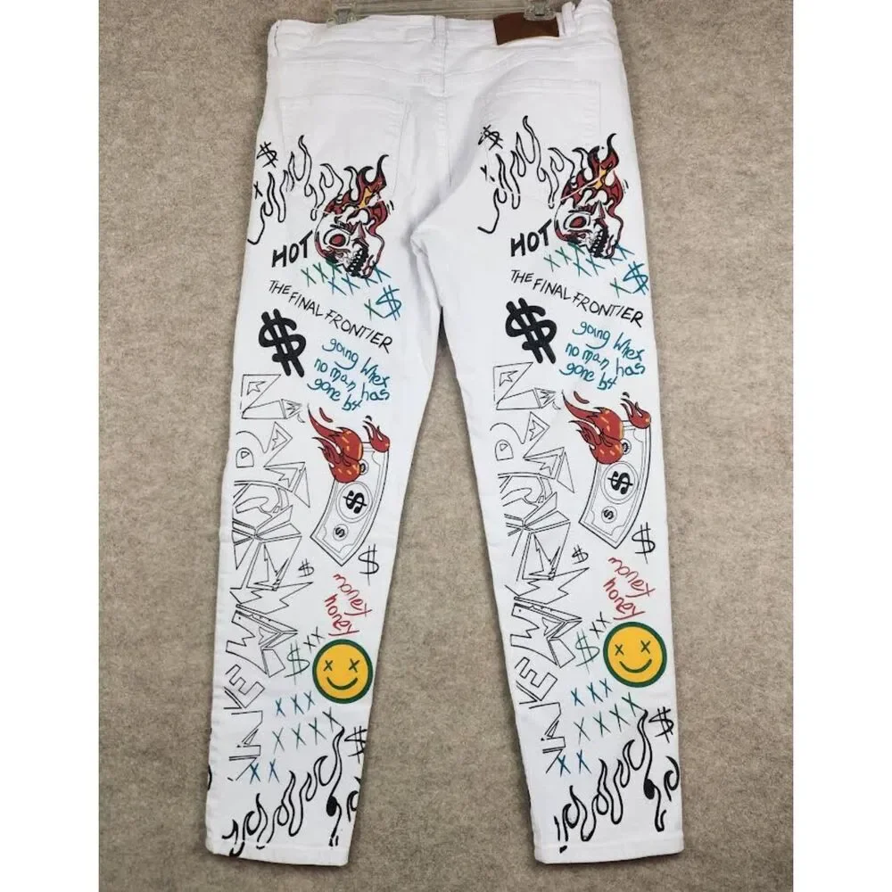 Waimea Graffiti Art Slim Fit Jeans Men's 40/32 White Stretch Denim Y2K Hip Hop